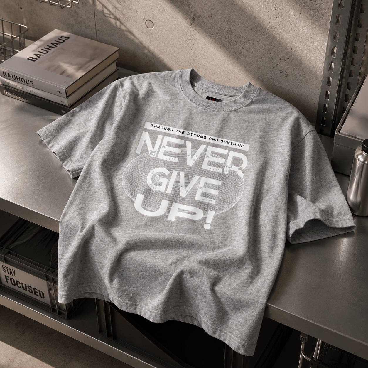 Never Give Up Unisex organic oversized high neck t-shirt